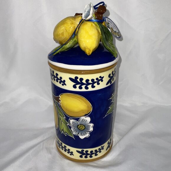 NWT BLUE SKY CLAYWORKS LEMON JUICE BLUE YELLOW WHITE SMALL CANISTER COOKIE JAR - Picture 2 of 8